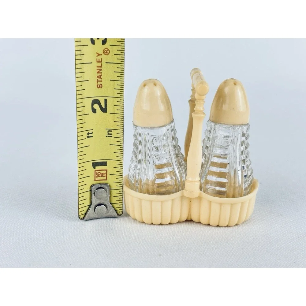 Vintage White/Cream LAPIN Glass Salt & Pepper w/ Plastic Basket Holder Retro MCM